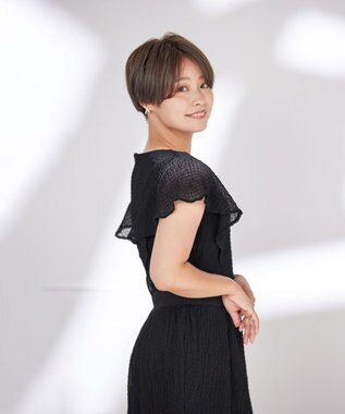 Tiaclasse L 【洗える】シフォンチェック配色フリルワンピース ブラック×ブラック