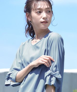 Tiaclasse 【洗える】ねじりリボン袖ブラウス ブルー