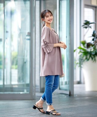 Tiaclasse 【洗える】リボン付きタックスリーブチュニック グレージュ