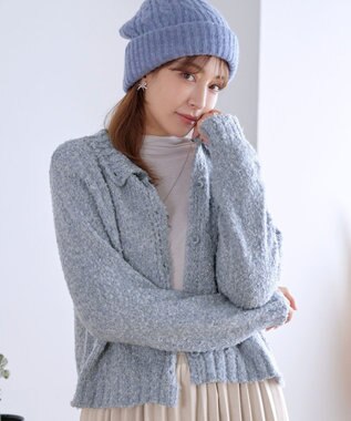 Tiaclasse 【着丈が選べる】ハイネックブークレカーディガン ショート丈ブルー