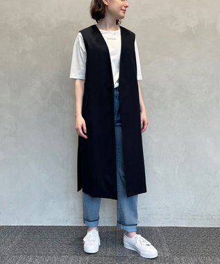 自由区 【接触冷感・速乾・UVカット・撥水・防シワ】リネンライクツイル ロングジレ ネイビー系