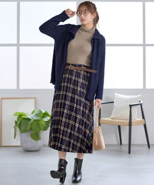 Tiaclasse 【着丈が選べる】ハイネックブークレカーディガン ロング丈ネイビー