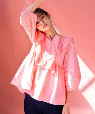 組曲 【WEB限定色あり】レースコンビシャーティング ブラウス ピンク系