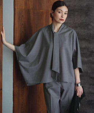 ICB 【洗える】T/Wブロード ボウタイブラウス ライトグレー系