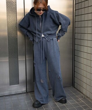 WEGO 【ウエストゴム】ダメージスウェットワイドパンツ ブルー