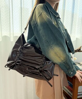 WEGO ギャザーリボンハーフムーンバッグ ダークブラウン