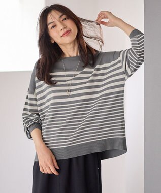 ANY 【洗濯機可】ボーダーニット グレー×オフ