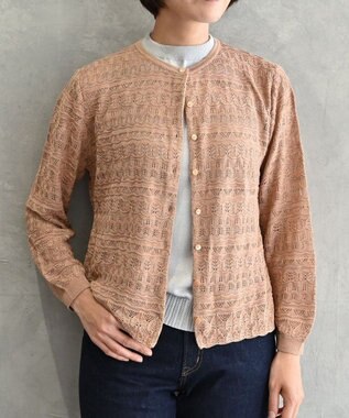 muuc 〈高品質シルク100%〉〈通年着られる〉透かしレース編み 袖リブあり シェルボタン使用 カーディガン ブロンド