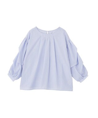 Green Parks イージーケア袖タックブラウス Stripe Blue