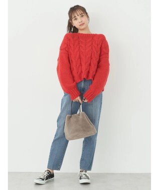 earth music&ecology ローゲージ手編み風ケーブルプルオーバー Red