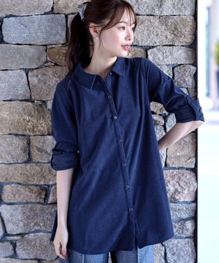 Tiaclasse L 【洗える】コーデュロイシャツチュニックブラウス ブルー