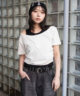 WEGO レイヤードキーネック半袖T ホワイト