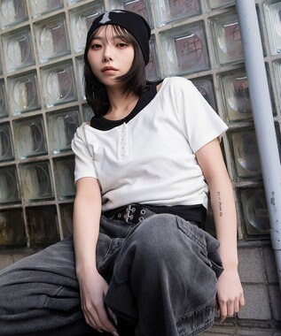 WEGO レイヤードキーネック半袖T ホワイト