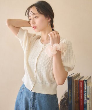 earth music&ecology 透かしケーブルパフスリニットカーディガン Ivory