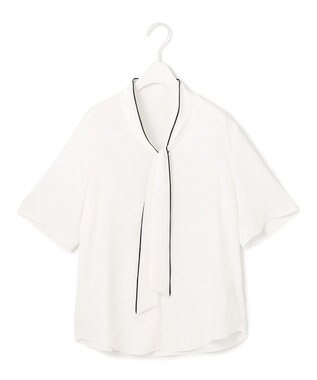 ICB L 【人気のため新色追加・接触冷感・UVケア・洗える】BackSatinAmunzen 5分袖配色ボウタイブラウス オフホワイト系