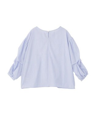 Green Parks イージーケア袖タックブラウス Stripe Blue