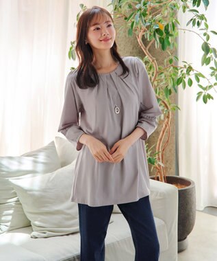 Tiaclasse L ランタンパフ袖カットソー切替チュニック グレージュ