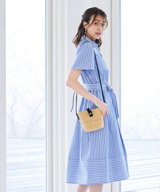 Tiaclasse L 【洗える】フレアスリーブシャツワンピース ブルーストライプ