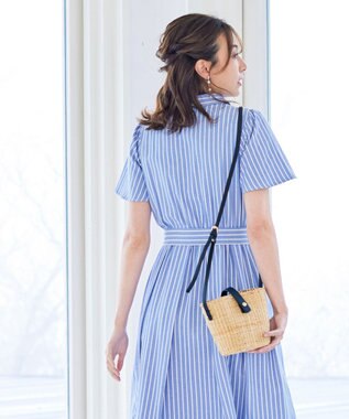 Tiaclasse L 【洗える】フレアスリーブシャツワンピース ブルーストライプ