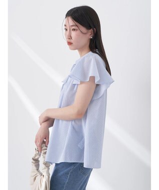 earth music&ecology ギャザーフレンチスリーブブラウス Stripe Sax