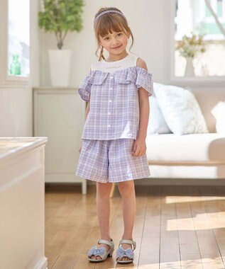 ANY KIDS チェック柄 ショート パンツ ラベンダー系チェック