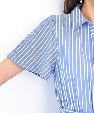 Tiaclasse L 【洗える】フレアスリーブシャツワンピース ブルーストライプ
