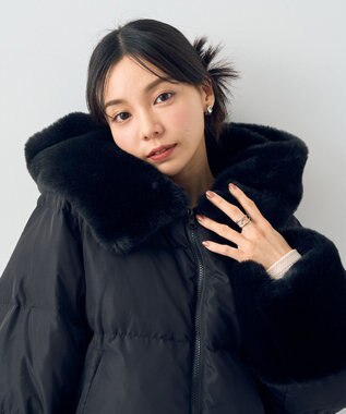 earth music&ecology フードファー中綿ショートコート ブラック