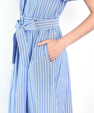 Tiaclasse L 【洗える】フレアスリーブシャツワンピース ブルーストライプ