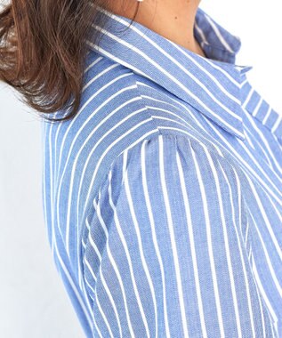 Tiaclasse L 【洗える】フレアスリーブシャツワンピース ブルーストライプ