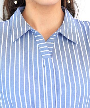 Tiaclasse L 【洗える】フレアスリーブシャツワンピース ブルーストライプ