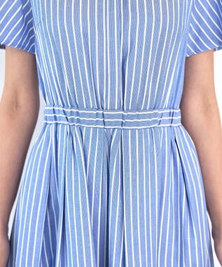 Tiaclasse L 【洗える】フレアスリーブシャツワンピース ブルーストライプ