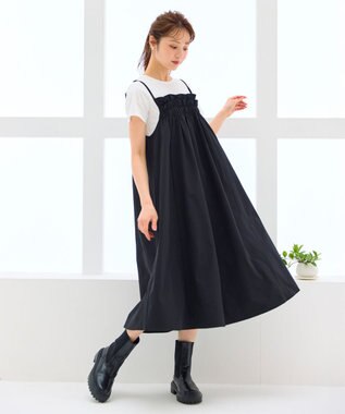 Feroux 【洗える】レイヤード風 ギャザーワンピース ブラック系