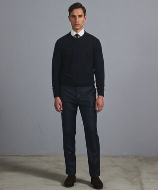 GOTAIRIKU オリジナル設計【洗える/チクチクしにくい/ピリングしにくい】イタリア糸 ハイゲージ Ｖネックニット_WOOL100% ネイビー系