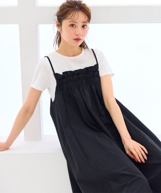 Feroux 【洗える】レイヤード風 ギャザーワンピース ブラック系