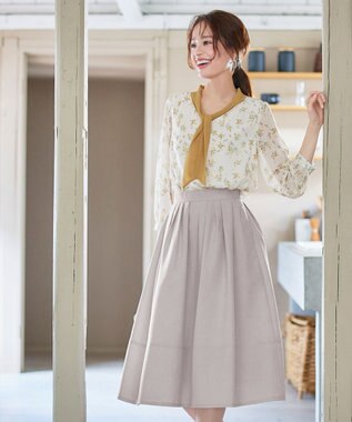 Tiaclasse 【選べる丈】麻調タックフレアスカート 膝丈グレージュ