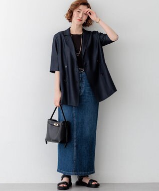 23区 【先行予約】リネンライクグロッシー ハーフスリーブ ダブル ジャケット ネイビー系