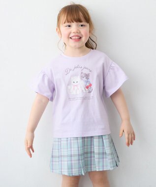 ANY KIDS 【綿100%】ドロップショルダー アニマルプリントTシャツ ラベンダー×ネコ