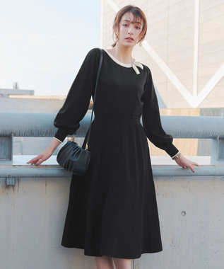 Tiaclasse 【洗える】リボン衿配色ニットワンピース