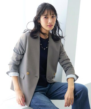 ANY SIS 褒めらレディストレッチ カラーレス ジャケット グレーシャンブレー