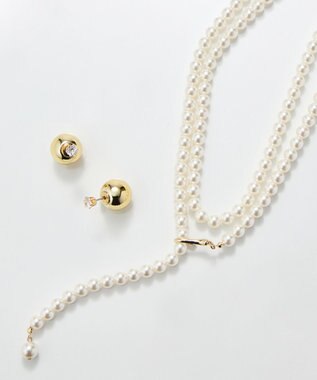 Phoebe 【セレモニーセット】パールフックロングラリエットネックレス×モードメタルビジューバックキャッチピアスSET