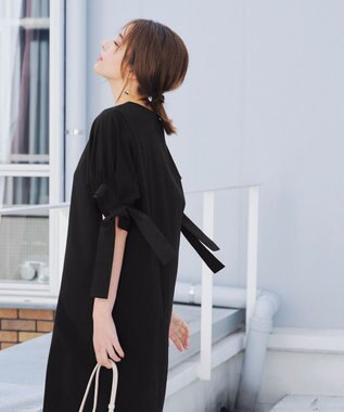 Tiaclasse 【洗える】デザインカフス付きマキシカットソーワンピース ブラック