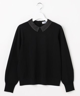 J.PRESS LADIES L レーヨンストレッチ 刺繡襟 ニット ブラック×ブラック系