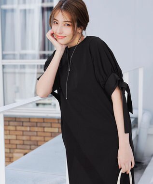 Tiaclasse 【洗える】デザインカフス付きマキシカットソーワンピース ブラック