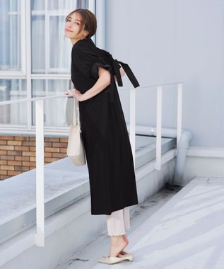 Tiaclasse 【洗える】デザインカフス付きマキシカットソーワンピース ブラック