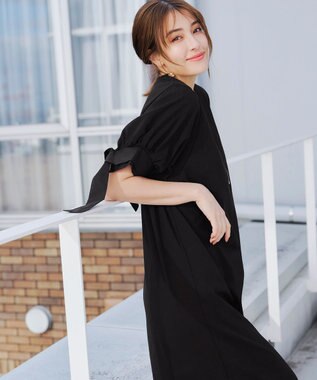 Tiaclasse 【洗える】デザインカフス付きマキシカットソーワンピース ブラック