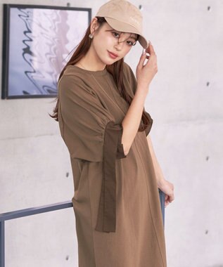 Tiaclasse 【洗える】デザインカフス付きマキシカットソーワンピース ブラウン