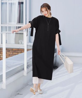 Tiaclasse 【洗える】デザインカフス付きマキシカットソーワンピース ブラック