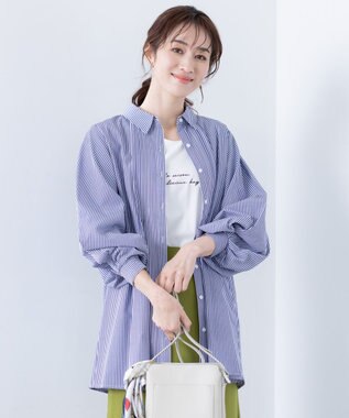 Tiaclasse 【洗える】パフ袖シャツチュニックブラウス ネイビーストライプ