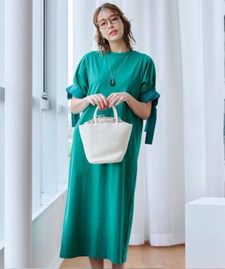 Tiaclasse 【洗える】デザインカフス付きマキシカットソーワンピース グリーン