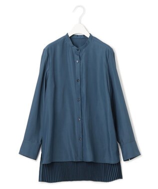 ICB 【洗える】 スパンローンプリーツ バンドカラーシャツ ダルブルー系